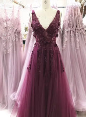 A-line V-neckline Flowers Tulle  Evening Dress Prom Dress, Long Wedding Party Dress