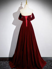 A-Line Velvet Burgundy Long Prom Dress, Burgundy Long Formal Dress