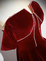 A-Line Velvet Burgundy Long Prom Dress, Burgundy Long Formal Dress