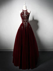 A-Line Velvet Sequin Beads Burgundy Long Prom Dress, Burgundy Long Formal Dress