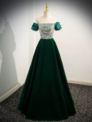 A-Line Velvet Sequin Beads Green Long Prom Dress, Green Velvet Long Formal Dress