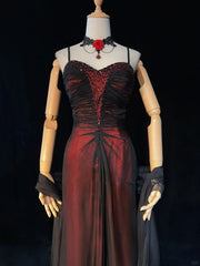 A-line Vintage Style Black and Red Beaded Prom Dress, Black and Red Formal Dress