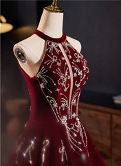 A-Line Wine Red Velvet Beaded Party Dress, Wine Red Long Prom Dress