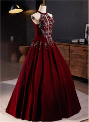 A-Line Wine Red Velvet Beaded Party Dress, Wine Red Long Prom Dress