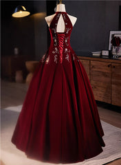 A-Line Wine Red Velvet Beaded Party Dress, Wine Red Long Prom Dress