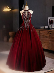 A-Line Wine Red Velvet Beaded Party Dress, Wine Red Long Prom Dress