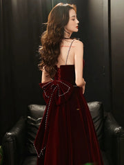 A-line Wine Red Velvet Straps Long Party Dress, Wine Red Velvet Prom Dress