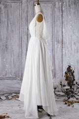 Affordable A-line Asymmetric Lace Chiffon Open Back Wedding Dress