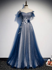 Amazing Blue Tulle Sequins Off the Shoulder Beading Prom Dress