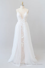 Amazing Long A-line Chapel Train Appliques Tulle Backless Wedding Dress