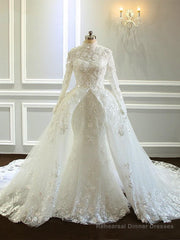 Amazing Long Mermaid High Neck Tulle Lace Wedding Dresses with Sleeves