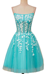 Aqua Blue Strapless A-Line Short Homecoming Dress with Appliques