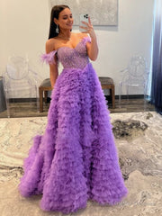 A Line Off the Shoulder Tiered Tulle Prom Dress With Slit