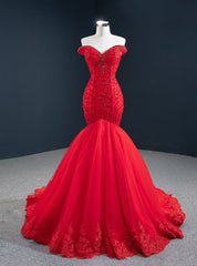 At Great Prices Red Mermaid Tulle Off the Shoulder Handwork Prom Dress