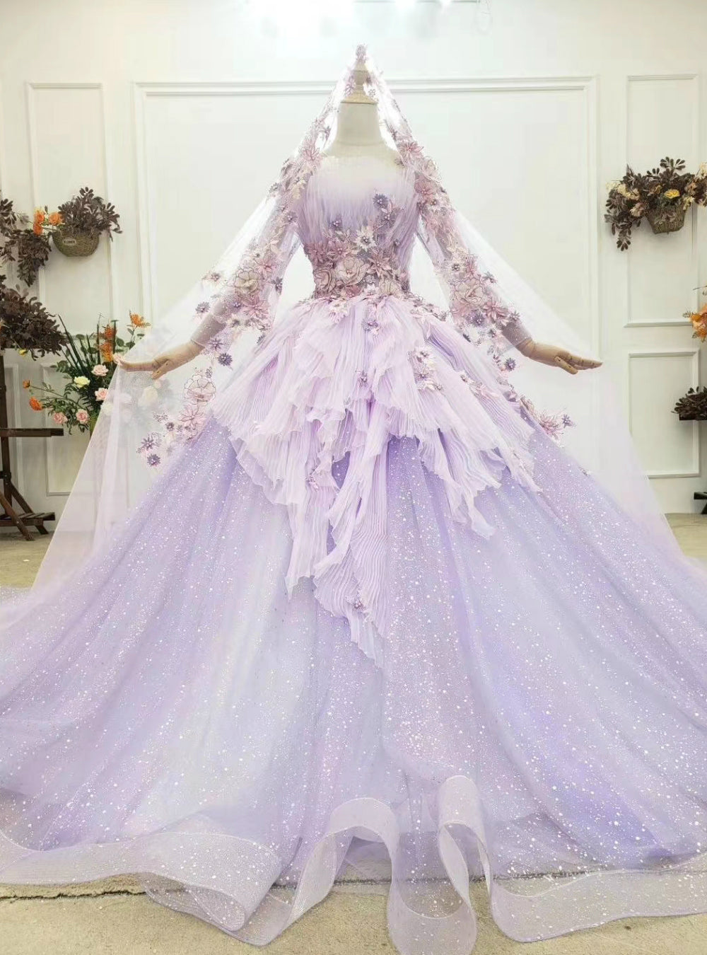 At Incredible Price Purple Ball Gown Tulle Long Sleeve Appliques Pleats Wedding Dress