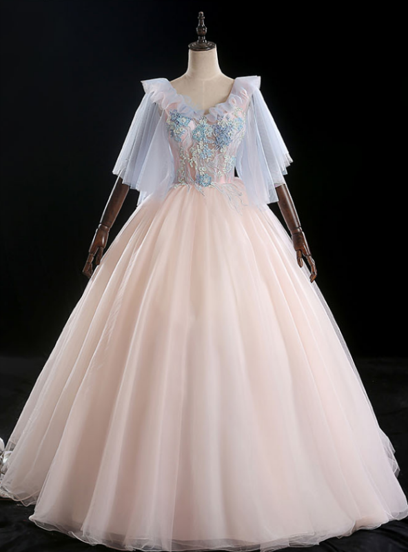 Available In Sizes 0-24 Pink Ball Gown Tulle Appliques V-neck Quinceanera Dress