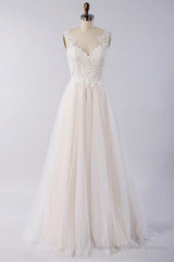 Awesome Long A-line Appliques Lace Tulle Open Back Wedding Dress