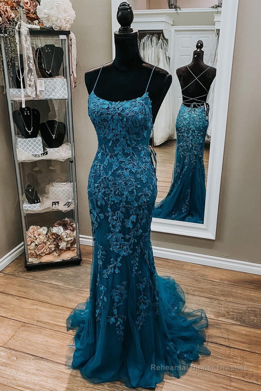 Backless Mermaid Dark Teal Lace Long Prom Dress, Mermaid Teal Lace Long Formal Evening Dress