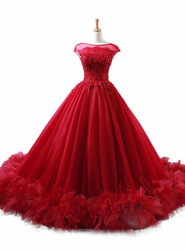 Ball Gown Burgundy Tulle Appliques Backless Wedding Dress