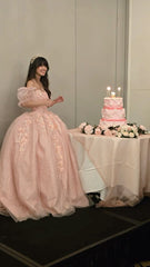 Ball Gown Long Pink Tulle Evening Dress