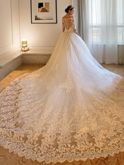 Ball Gown Off-the-Shoulder Cathedral Train Tulle Wedding Dresses With Beading