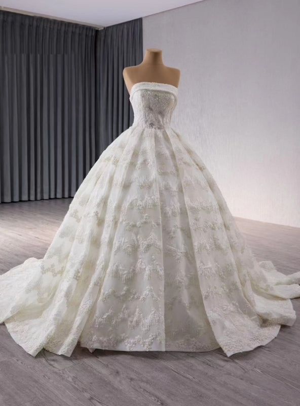 Ball Gown Strapless Lace Pearls Wedding Dress