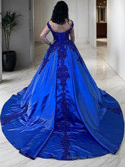 Ball Gown Straps Court Train Satin Evening Dresses With Appliques Lace