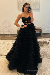 Ball Gown Sweetheart Black Tiered Printed Tulle Prom Dress