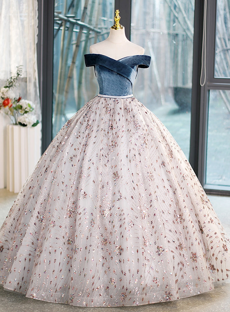 Ball Gown Tulle Velvet Sequins Off the Shoulder Quinceanera Dress