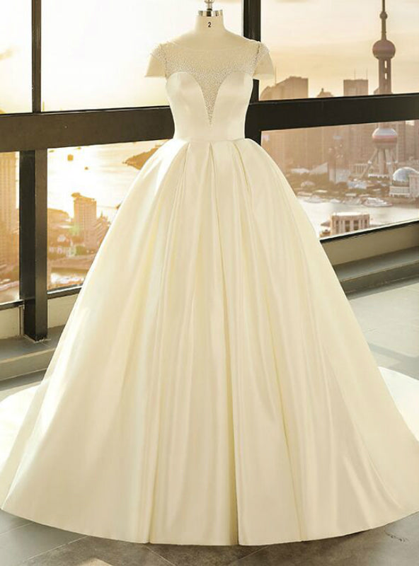 Ball Gown White Satin See Through Cap Sleeve Wedding Dress