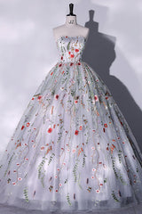 Silver Grey Strapless Ball Gown Prom Dress Floral Floor Length Quinceanera Dress