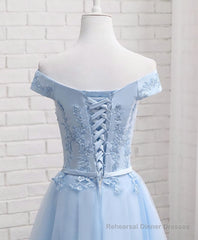 Sky Blue A Line Lace Off Shoulder Prom Dress, Lace Evening Dresses