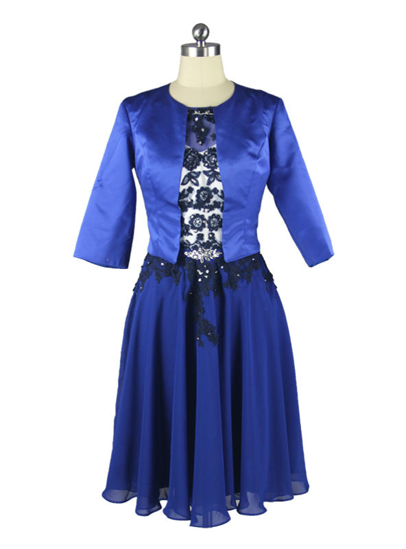 Beaded Lace Chiffon Knee Length Blue Mother Of The Bride Dresses