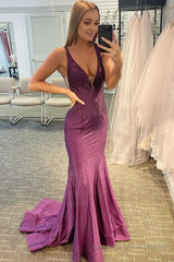 Beading V-neck Purple Mermaid Prom Dress