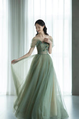 Beautiful Tulle Flowers Long Prom Dress, Green A-Line Formal Evening Dress