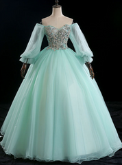 Best For You Light Green Ball Gown Tulle Off the Shoulder Long Sleeve Quinceanera Dress