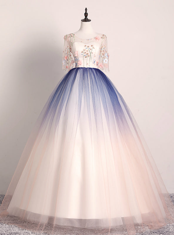 Best For You Pink Blue Ball Gown Tulle Embroidery Short Sleeve Quinceanera Dress