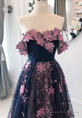 Black Lace Long A-Line Prom Dresses, Black Evening Dresses