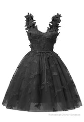 Black 3D Butterfly Lace Applique Tulle Homecoming Dress for Teens Sweetheart Mini Short Prom Dresses