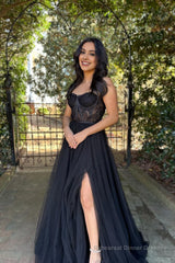 Black A-Line Corset Long Prom Dress with Slit