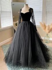 Black A-line Long Lace Sleeves Tulle Formal Dress, Black Prom Dress Party Dress