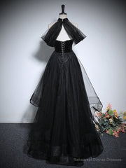 Black A-Line Tulle Long Prom Dress, Black Long Evening Dress