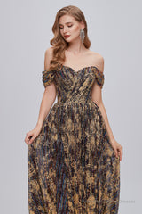 Black and Brown Floral Print Off-the-Shoulder A-Line Long Prom Dress