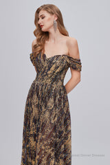 Black and Brown Floral Print Off-the-Shoulder A-Line Long Prom Dress