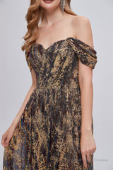 Black and Brown Floral Print Off-the-Shoulder A-Line Long Prom Dress