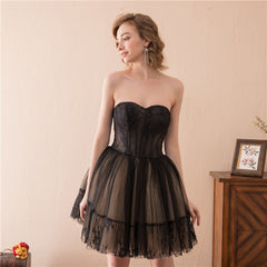 Black and Champagne Tulle Sweetheart Lace Short Party Dress, Tulle Homecoming Dresses