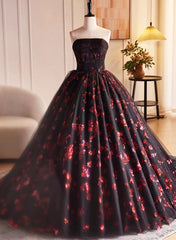 Black and Red Floral Tulle Long Party Dress, Strapless Formal Sweet 16 Dress