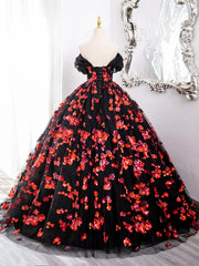 Black and Red Off Shoulder Floral Tulle Formal Dress, Floor Length Party Dress