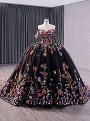 Black Ball Gown Tulle Colorful Sequins Prom Dress