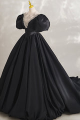 Black Ball Gown with Beaded, Black Short Sleeve Formal Evening Dress